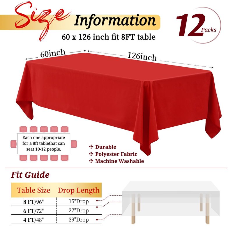 Showgeous 12 Pack Table Cloth Red Tablecloth 60 x 126 Inch Table Clothes for 8 Foot Rectangle Tables, Wrinkle Resistant Washable Polyester Table Cover for Wedding Parties Banquet Dining Table