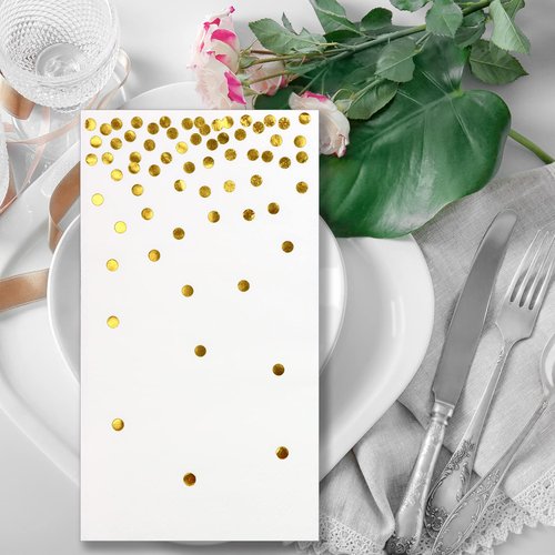 DYLIVeS 100 Pack White and Gold Foil Polka Dots Confetti Guest Towel Napkins, Disposable Xmas Hand Towels Dinner Paper Napkins for Birthday Party, Picnic, Wedding, Christmas Party Supply, 3-Ply