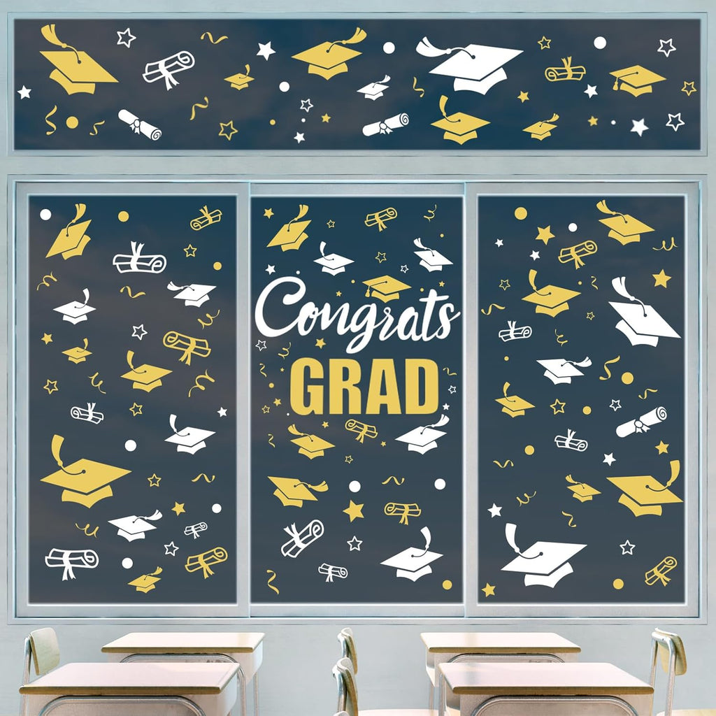 Whaline Graduation Window Clings - 236 Pcs Double-Sided White & Gold Cap & Diploma Decor | Perfect for College Seniors