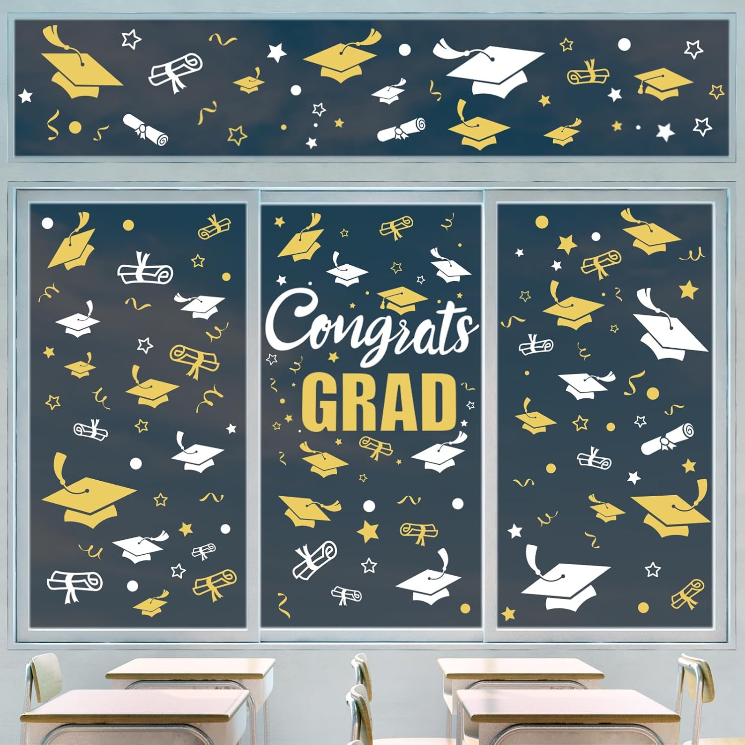 Whaline Graduation Window Clings - 236 Pcs Double-Sided White & Gold Cap & Diploma Decor | Perfect for College Seniors