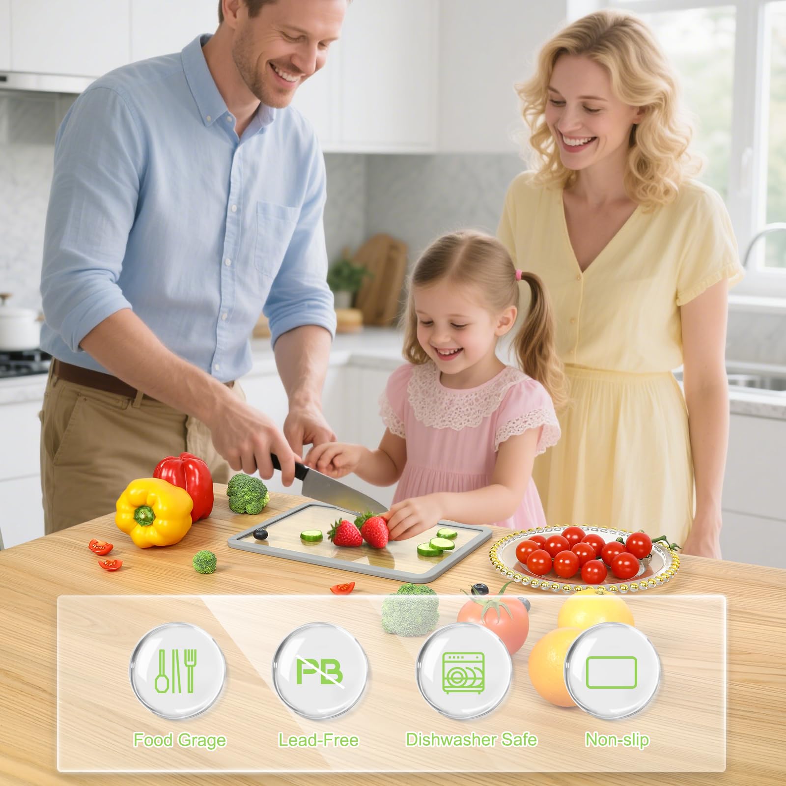 IDekooror Cutting Board, Tempered Glass Cutting Board for Kitchen Counter, 2Pcs Chopping Board Set with Non-Slip Silicone Edges, Heat Resistant, Dishwasher Safe, Kitchen Decoration