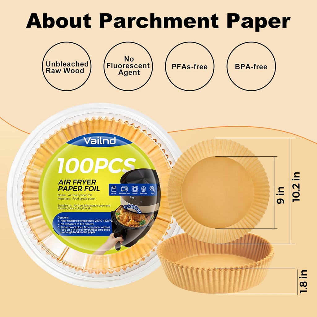 Vailnd Disposable Air Fryer Paper Liners - 9 Inch Oil-Proof Parchment for 8-12 QT Air Fryers | 100 Pcs