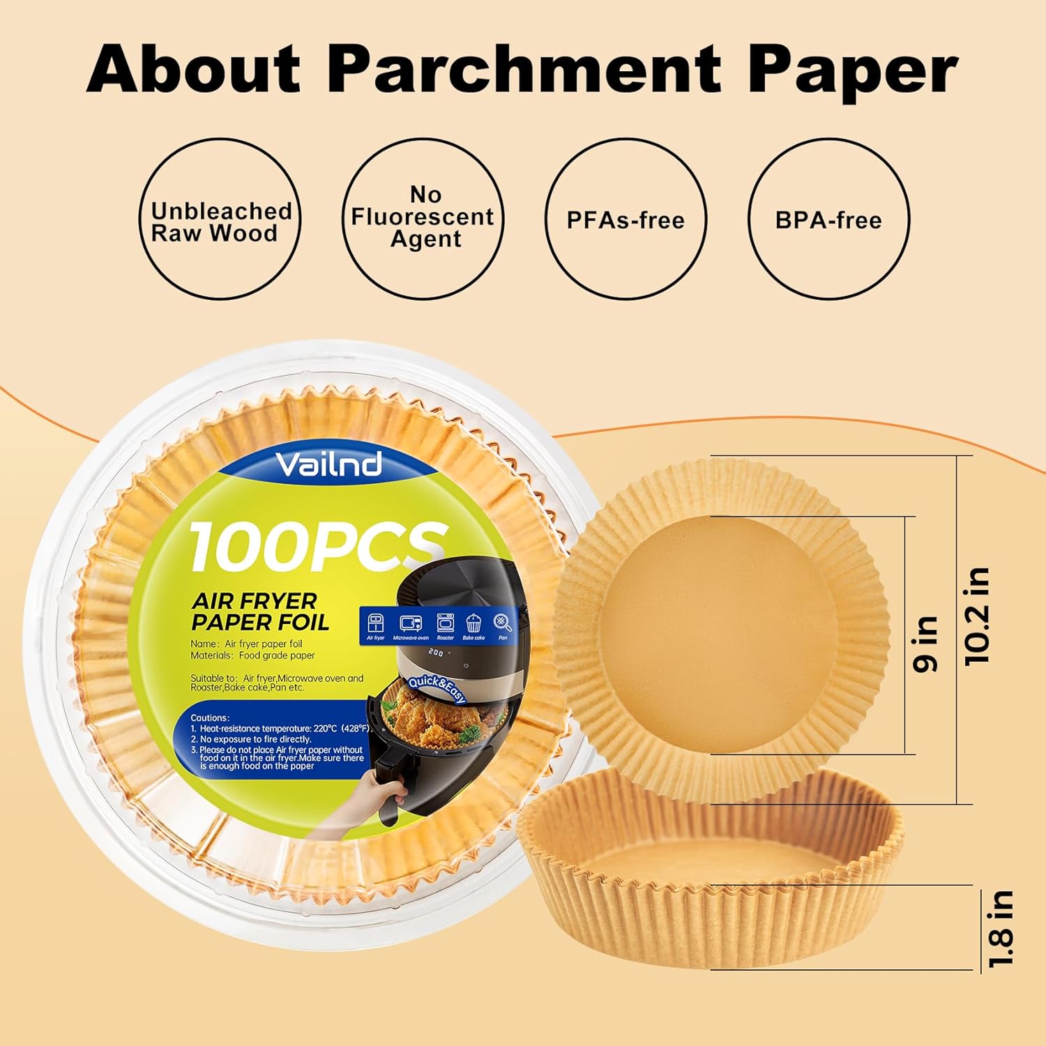 Vailnd Disposable Air Fryer Paper Liners - 9 Inch Oil-Proof Parchment for 8-12 QT Air Fryers | 100 Pcs