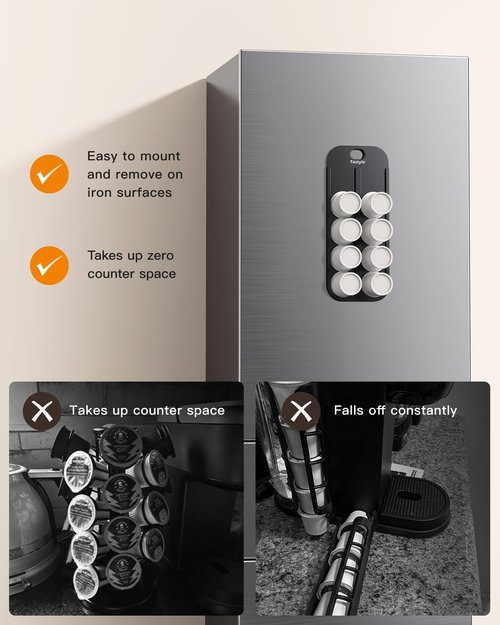 Tastyle Magnetic K-Pod Organizer for K Cup Coffee Pods. Self-Magnetic Coffee Pod Holder and Storage, Suitable to be Mounted on Iron Surfaces - Refrigerator (Black)