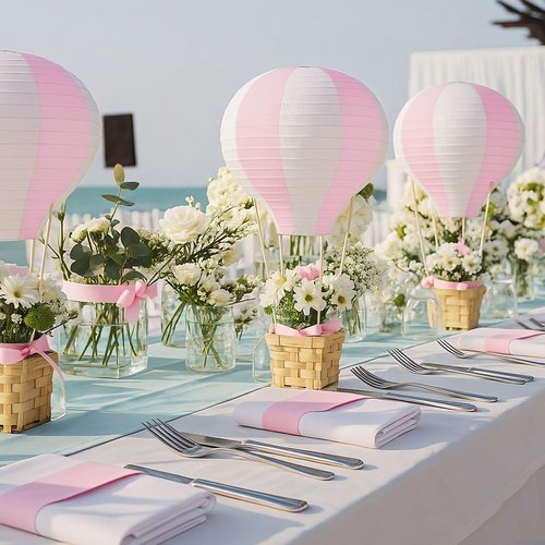 Meooeck 8 Sets Hot Air Balloons Baby Shower Table Decorations Centerpieces 11.8'' Paper Lanterns with Baskets Sticks for Gender Reveal Birthday Wedding Graduation Party (Pink)