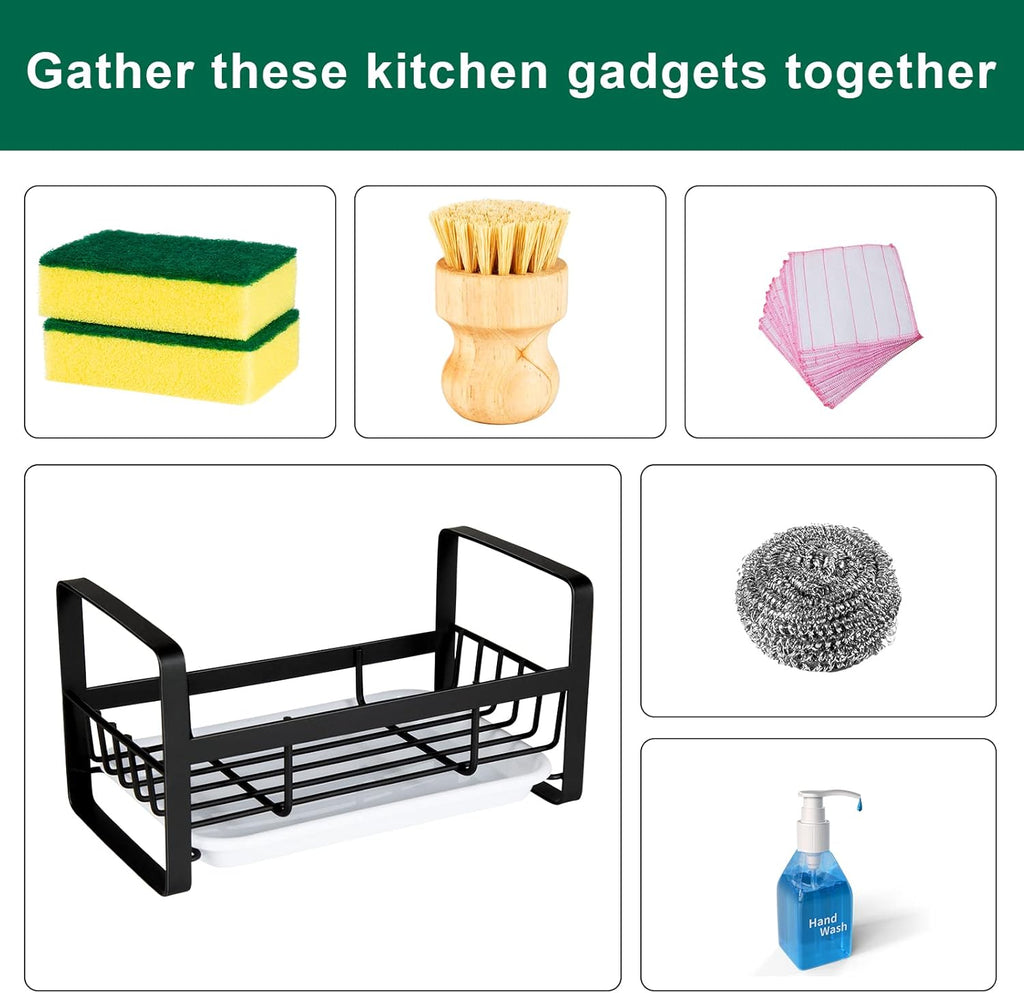 TEZZ Sponge Holder | Stainless Steel Kitchen Sink Caddy for Organizing Sponge, Brush & Soap Dish - Black