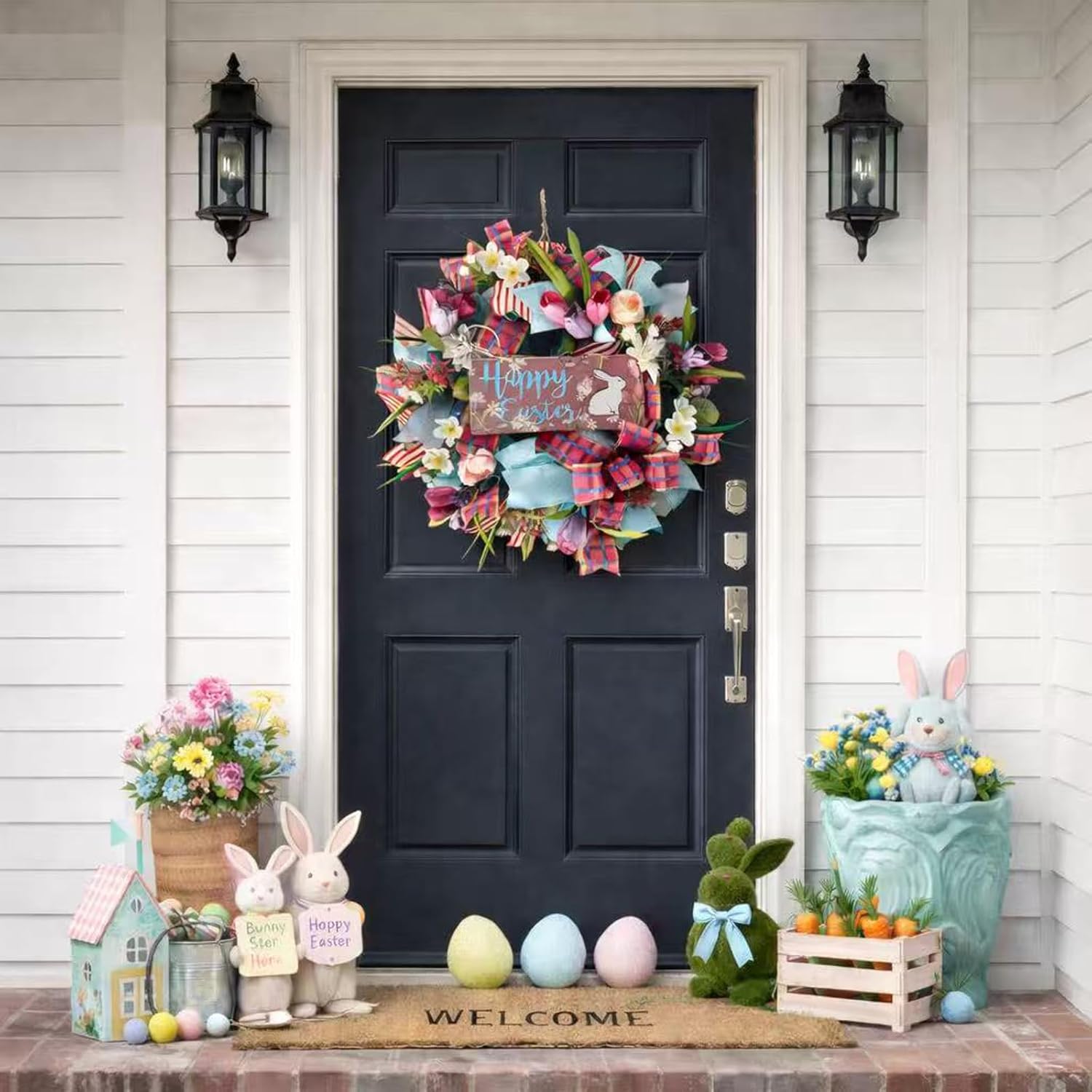 Skiennix 22-Inch Easter Bunny Wreath - Spring Decor with Pink Tulips & Flowers for Indoor/Outdoor Use