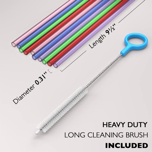 Fiesta First 20 Long Reusable Hard Plastic Drinking Straws, Medium Width + Sturdy Cleaning Brush - for Tumblers, Mason Jars, Smoothies and Milkshakes - Dishwasher Safe BPA Free
