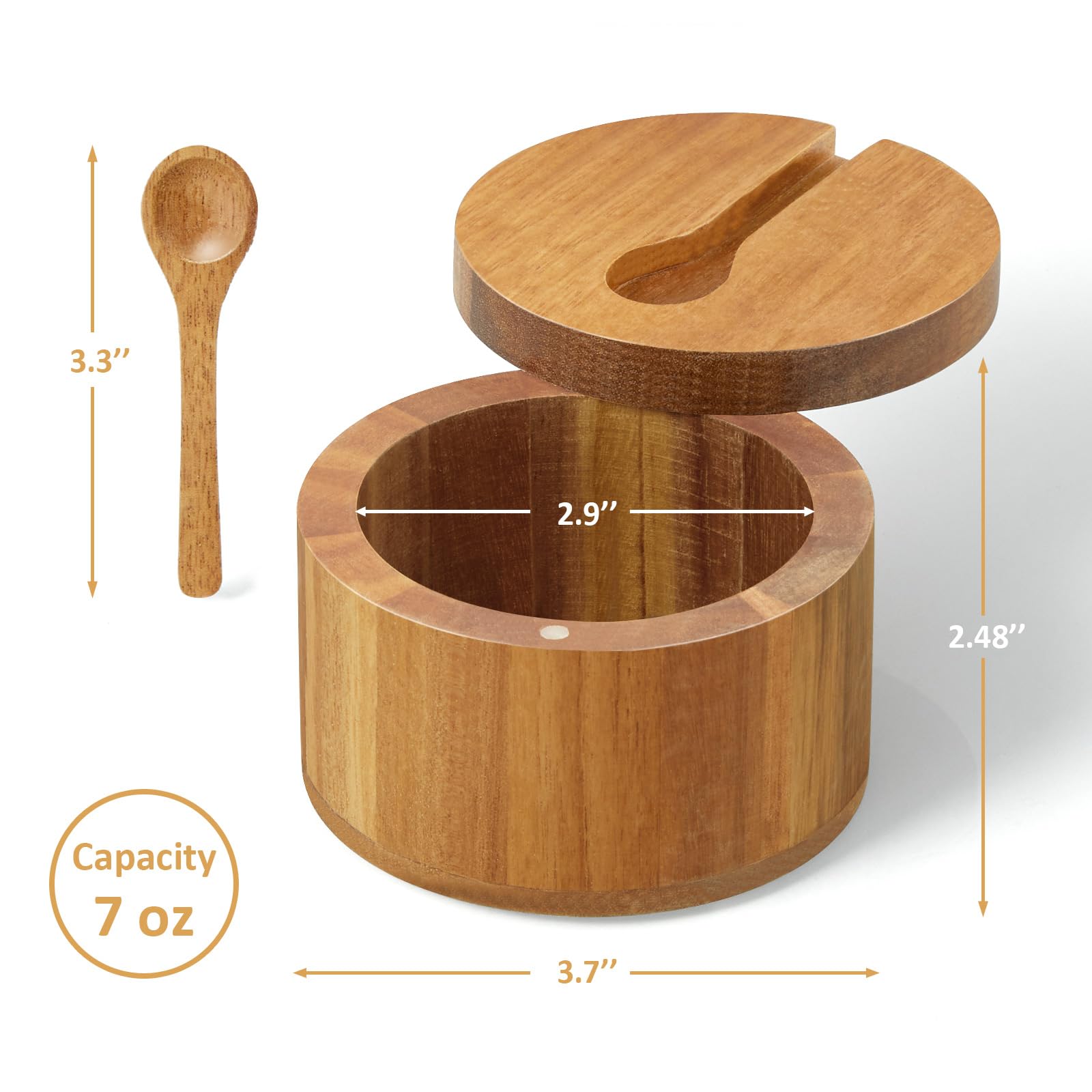OUTNILI Salt Box Bowl with Lid and Spoon - Acacia Salt Cellar with 360° Swivel Lid - Salt Container Holder for Sea Salt Herbs or Favorite Seasonings, for Kitchen Decor and Accessories, 7 Ounces