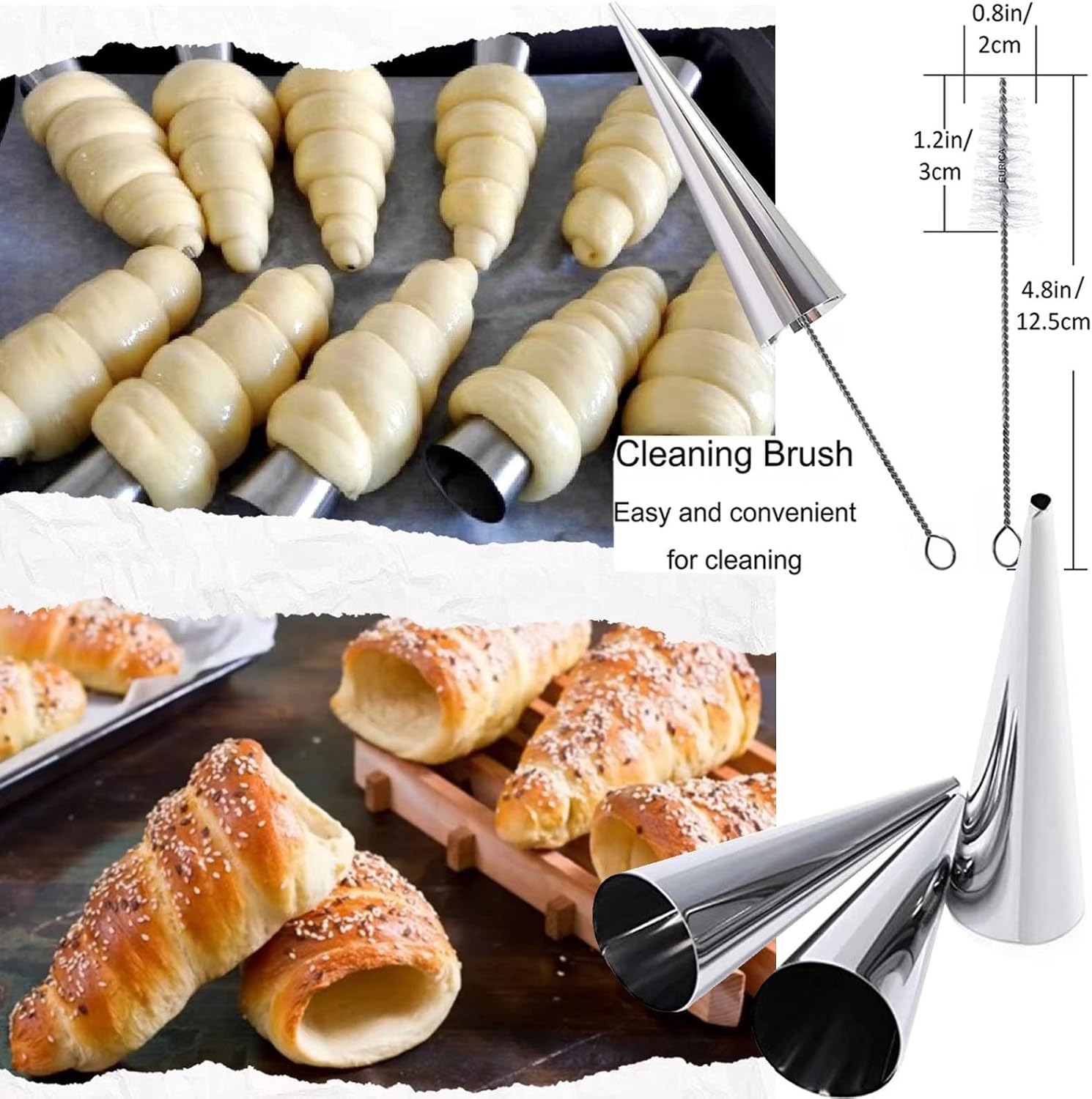 Skiennix Cream Horn Molds - 16 Pack 5-Inch Pastry Roll Molds with Piping Bags & Cleaning Brush