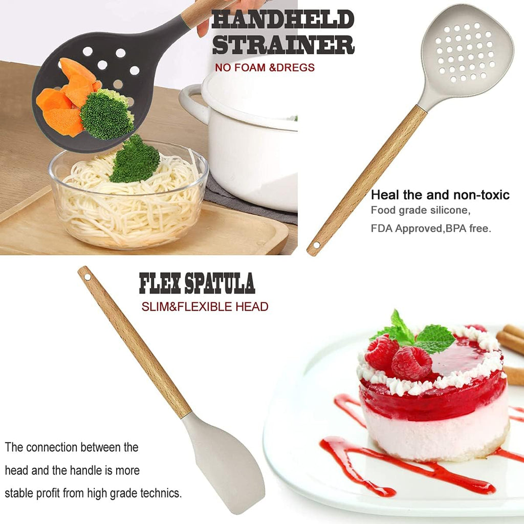 Skiennix Kitchen Utensils Set - 35-Piece Heat Resistant Silicone & Wooden Cooking Tools for Nonstick Cookware