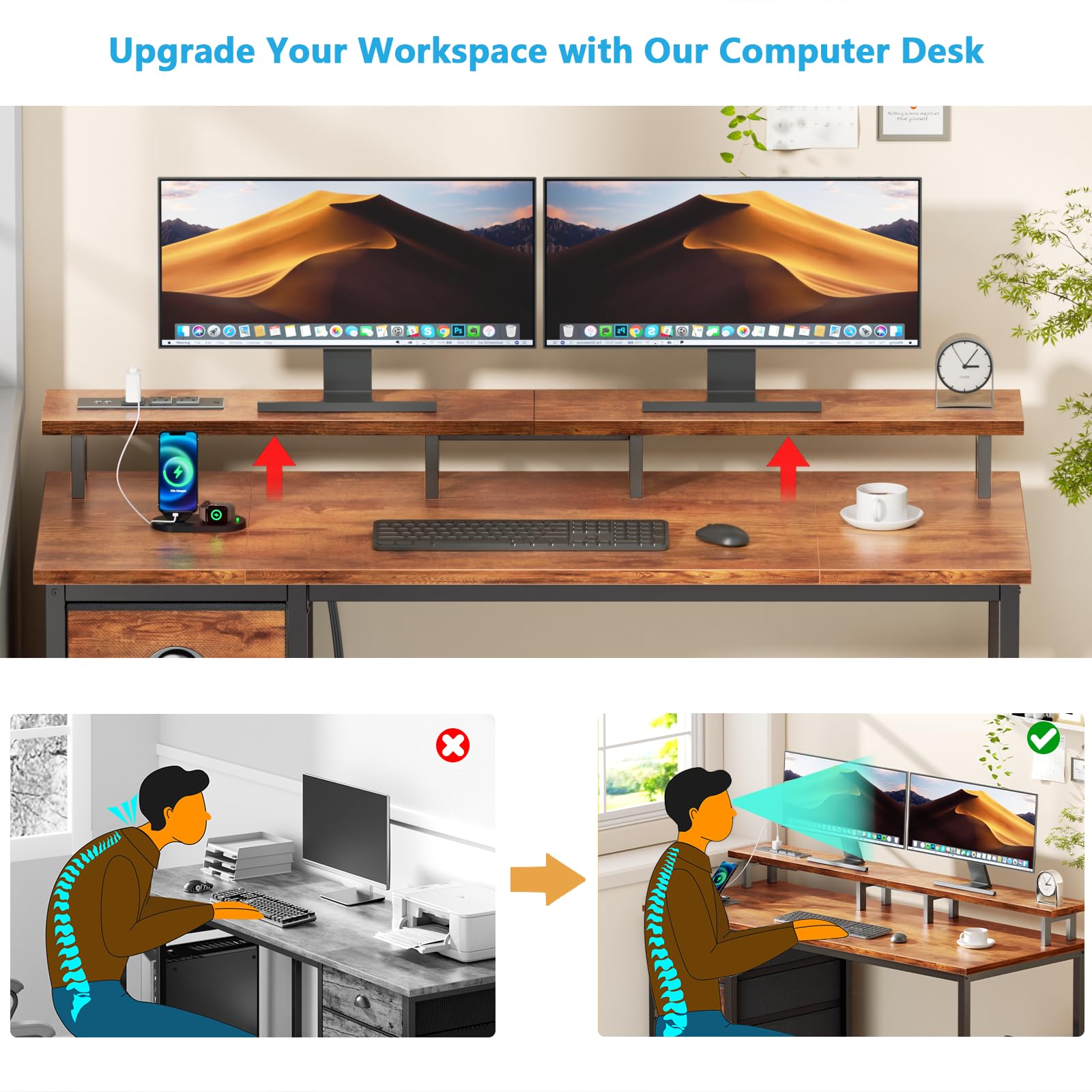 Furologee Computer Desk with Power Outlets & Monitor Stand, 47 Inch Reversible Gaming Desk with LED Lights & 4 Fabric Drawers, Writing Work Table for Home Office, Bedroom, Rustic Brown