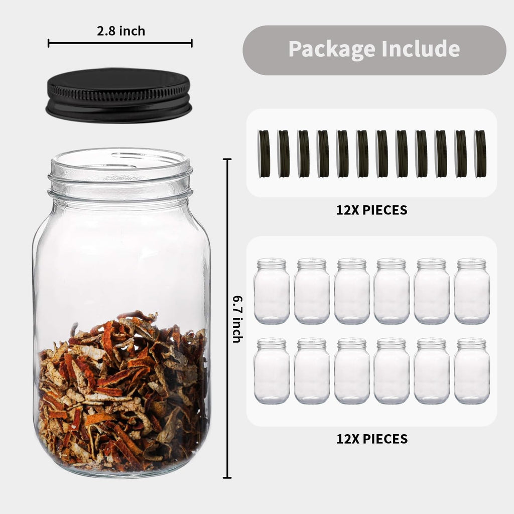 novelinks 32 oz Plastic Mason Storage Jars with Lids, 12 Pack BPA-Free Clear Plastic Jars with Lids 32oz, Leak-Proof Plastic Quart Containers for Kitchen and Home Use (Black)