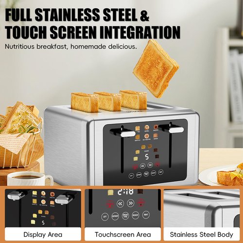Whall 4-Slice Smart Toaster with Touchscreen & Extra-Wide Slots, Dual Independent Control, 6 Browning Levels & 6 Bread Types, Memory Function,Countdown Timer, Ideal Kitchen Gift,Silver