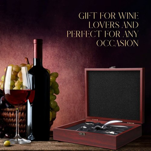 Flexzion Wine Opener Set in Mahogany Wood Case - Wine Bottle Opener Gift Box with Wine Foil Cutter Tool, Stopper, Pourer, Drip Ring, & Lever-Action Corkscrew Wine Opener Manual for Wine Lovers