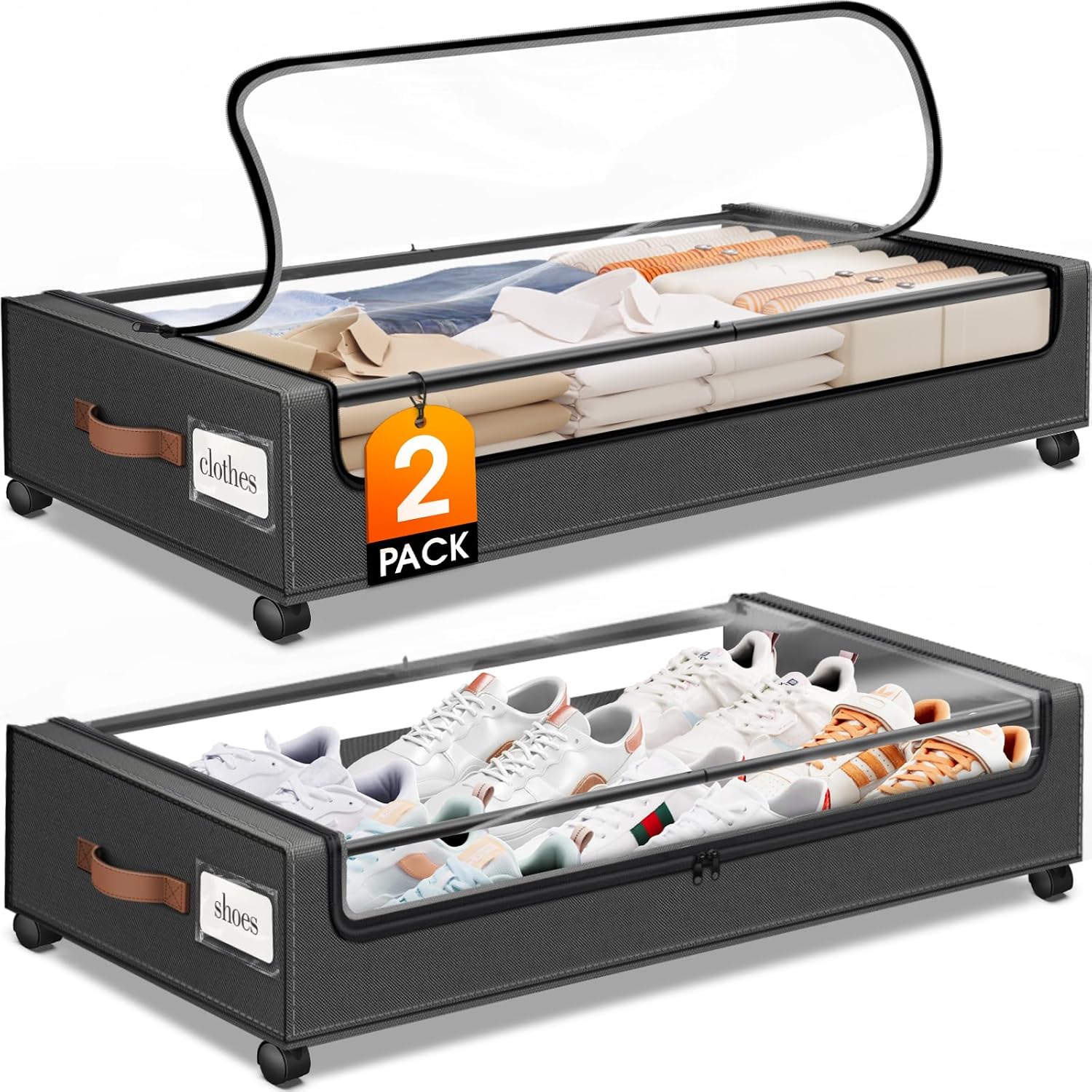 SpaceHacks Under Bed Storage Containers - 2-Pack Rolling Drawers with Clear Window & Labels | Dark Grey (30.71 x 16.93 x 6.69 in)