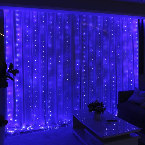 HXWEIYE 300LED Fairy Curtain Lights - 9.8x9.8Ft USB Plug-In with Remote | 8 Modes for Wedding & Bedroom Decor, Blue