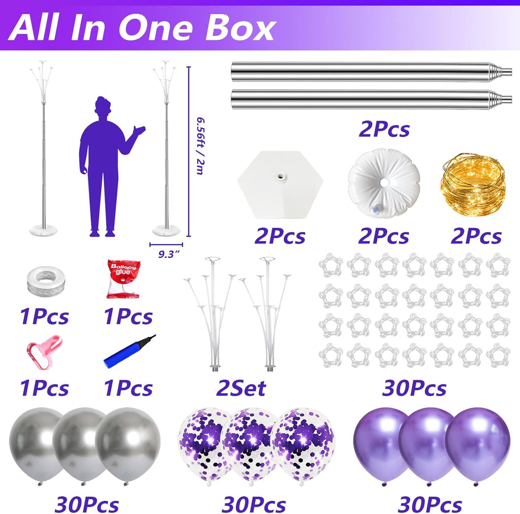Skiennix Balloon Column Stand Kit - Adjustable 7 Feet Height with Balloons & String Lights | Purple