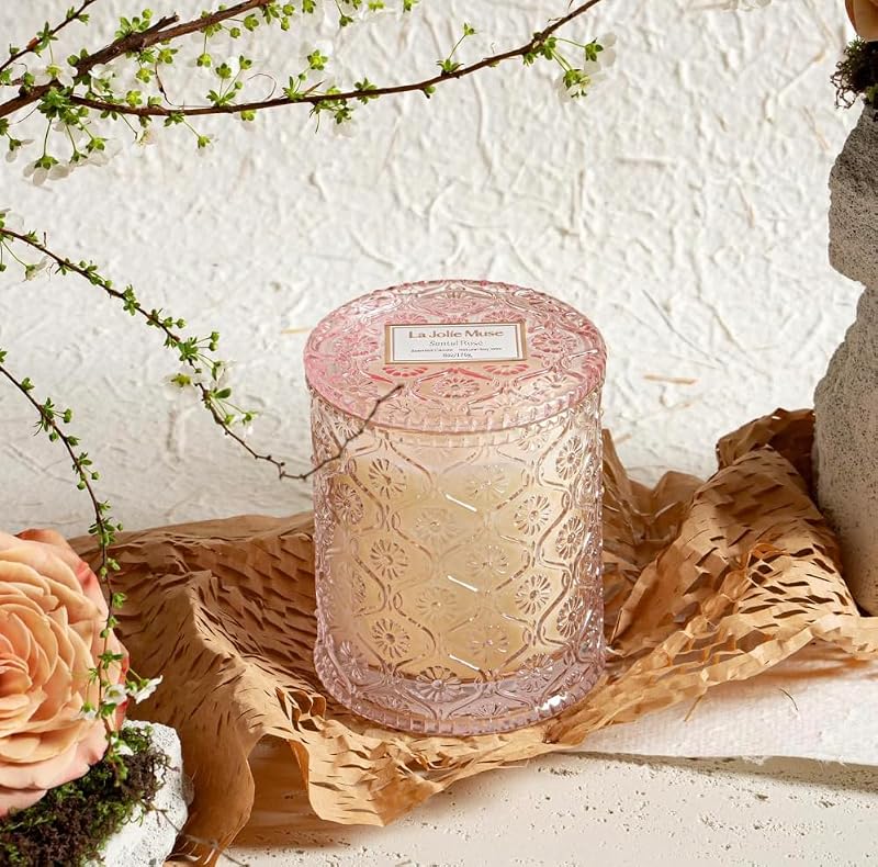 Santal Rose Natural Soy Wax Scented Candle - Pink Glass Jar (6 oz, 40 Hr)