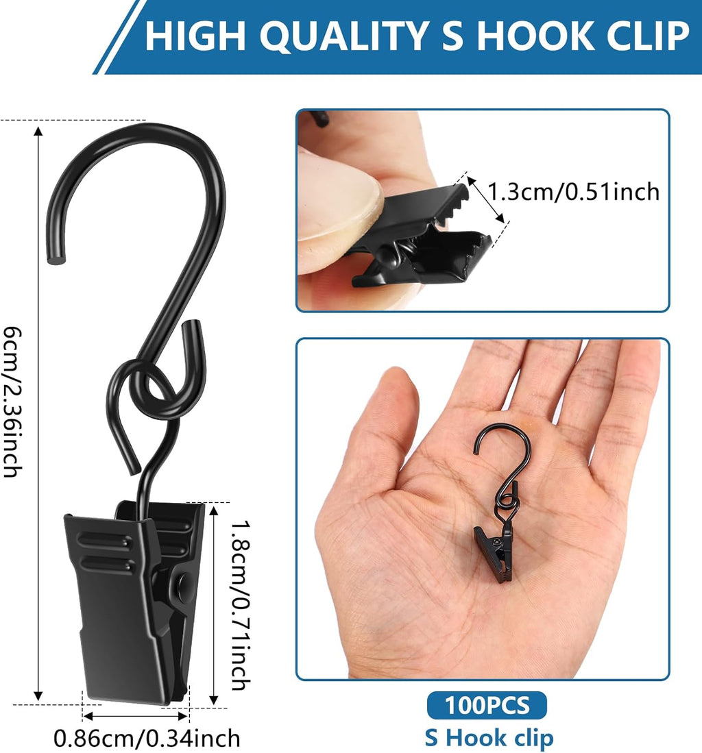 Skiennix 100-Pack Heavy Duty S Hooks - Rust-Proof Metal Clips for Outdoor Lights & Decor, 2.36 Inch - Black
