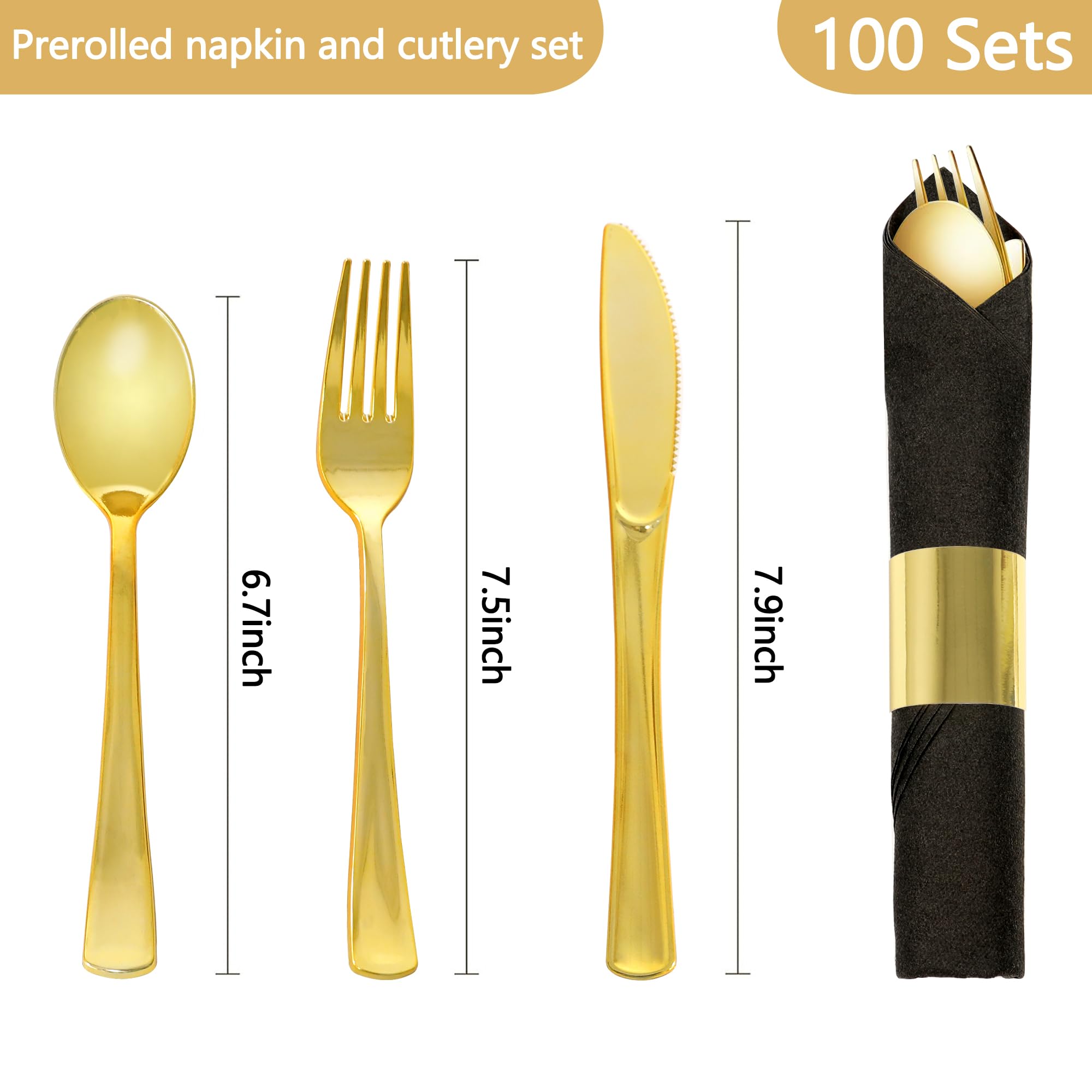Dlebay 100 Pack Pre Rolled Gold Plastic Silverware Set,Wrapped Plastic Cutlery Set with Napkin Include 100 Forks,100 Spoons,100 Knives and 100 Black Napkins for Party, Wedding,Christmas