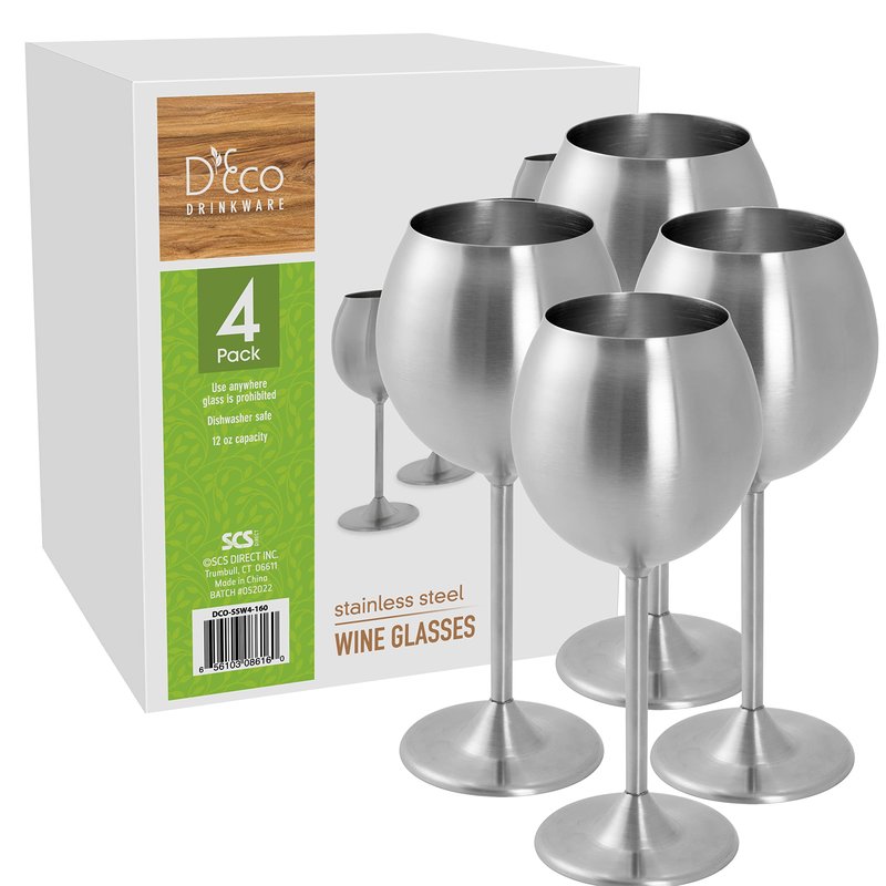 Deco Unbreakable 12 Oz Stainless Steel Wine Glasses (4 Pack)- Large Stemmed Matte Silver Wine Goblets - Reusable Indoor Outdoor Drinkware - Keeps Wine Chilled Longer - Great for Summer Pool Parties