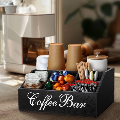MISTOD Coffee Station Organizer Pods Holder for Counter, Farmhouse Wood Coffee Bar Accessories and Tea Condiment Basket Storage Organizer Decor