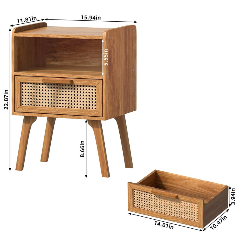 Lerliuo Rattan Nightstand, Side Table with Drawer Open Shelf, Cane Accent Bedside End Table with Solid Wood Legs, Mid Century Modern Night Stand for Bedroom, Dorm and Small Spaces (Tea Brown)