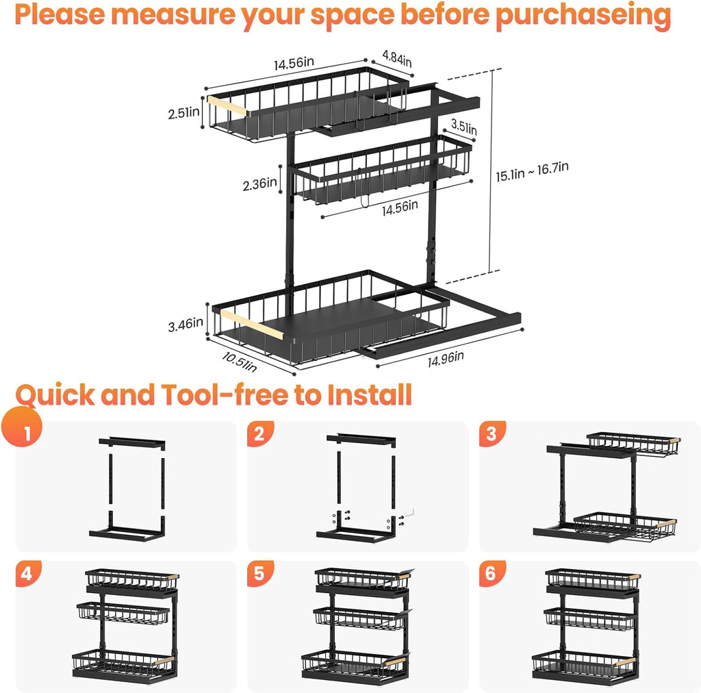 Under Sink Organizer - 2 Pack 3-Tier Pull-Out Shelf for Bathroom & Kitchen Storage | Slide-Out Drawer Solution