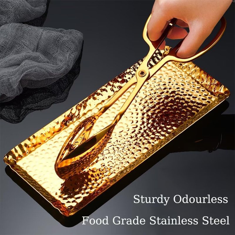 SEEK RARE Decorative Tray Stainless Steel Serving Trays Hammered Rectangular 9.8 x 4.3 Inch Dessert Plates Reusable Fruit Stand for Living Room Kitchen Gold