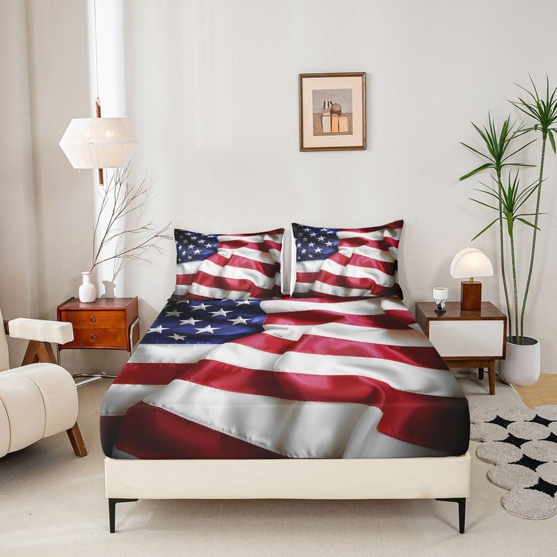 United States Fitted Sheet American Flag Blue Red Printing Bedding Set for Kids Teens Adult USA Federations Stars Stripe Fitted Bed Sheet Queen Size 1 Fitted Sheet with 2 Pillow Cases(No Top Sheet)