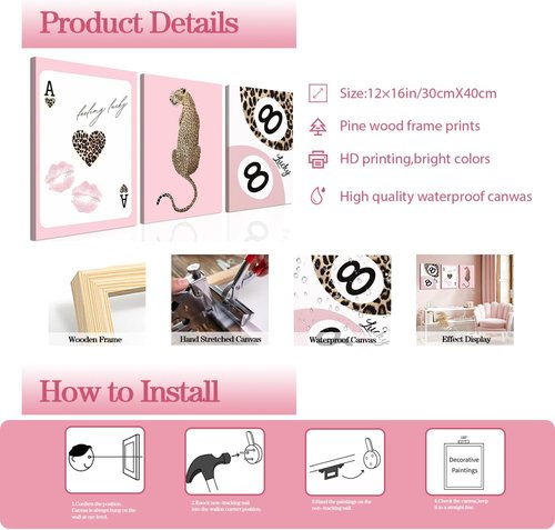 Funky Lucky You | Trendy Leopard Canvas Wall Art Set of 3 - Pink Cheetah Prints for Girls' Bedroom, 12x16 Inch Framed