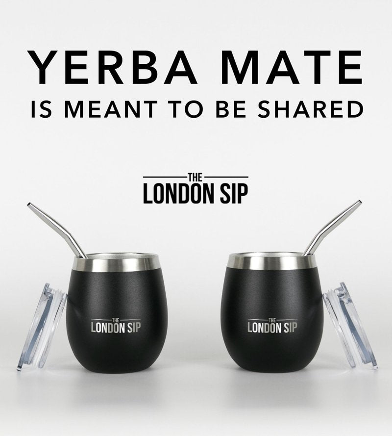 London Sip Yerba Mate Cup and Bombilla Set, Includes 2 Gourds (8 oz each), Spill Resistant Lids, Straws, Bombilla Brush and Pouch Included, Black