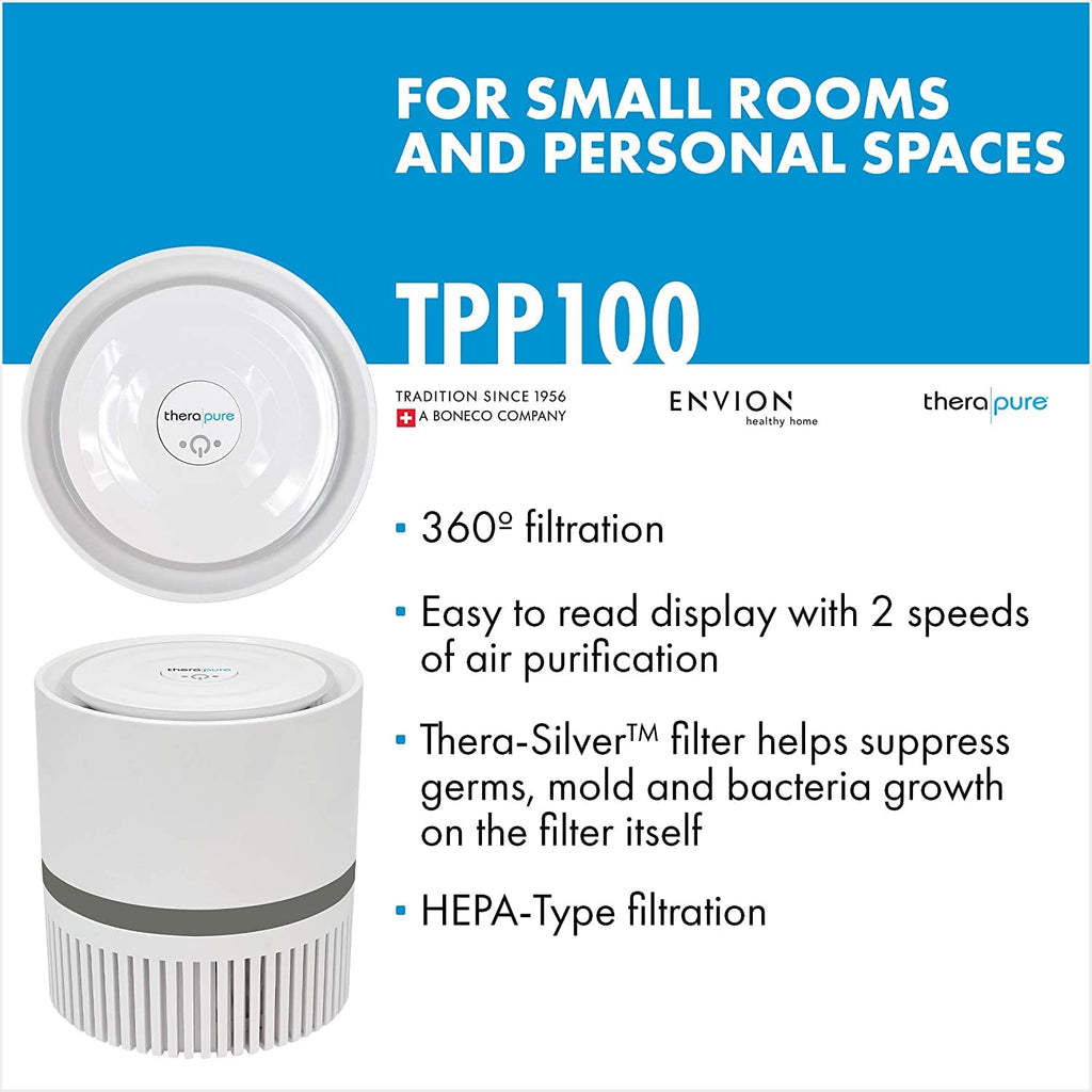 Envion Therapure TPP100 Compact 360 HEPA Type Air Purifier, 2-Speed Grey, 25 Sq Ft Capacity | Removes Odors, Smoke, Mold, Pet Dander, Bacteria And More!