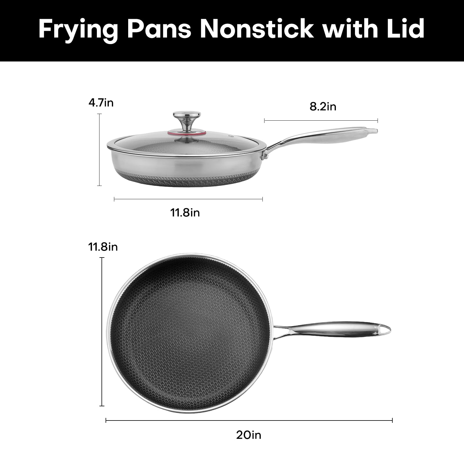 Lazycorner Non Stick Frying Pans Skillet with Lid, 12 Inch Stainless Steel Kitchen Cookware Pots, Non toxic Healthy Induction Compatible PFAS PTFE PFOA PFOS Free