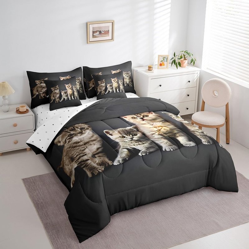 Feelyou Cat Comforter Set Twin Size 7 Pieces Girls Kids Pet Cats Bedding Set Cute Kitten Bed in a Bag for Teens Lovely Animal Bed Set with Comforter, Sheet Set, Pillowcases, Pillow Covers Room Decor