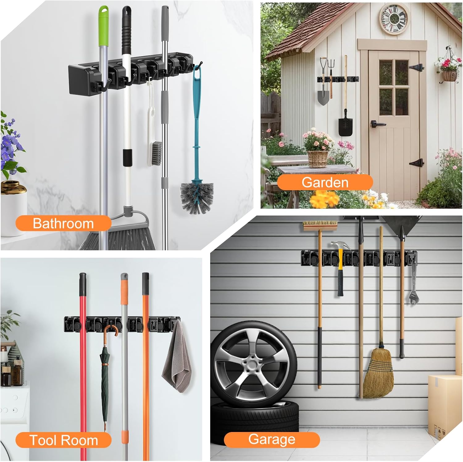 Nacena Broom Holder Wall Mount - 2-Pack Organizer with 5 Ball Slots & 6 Hooks | Black