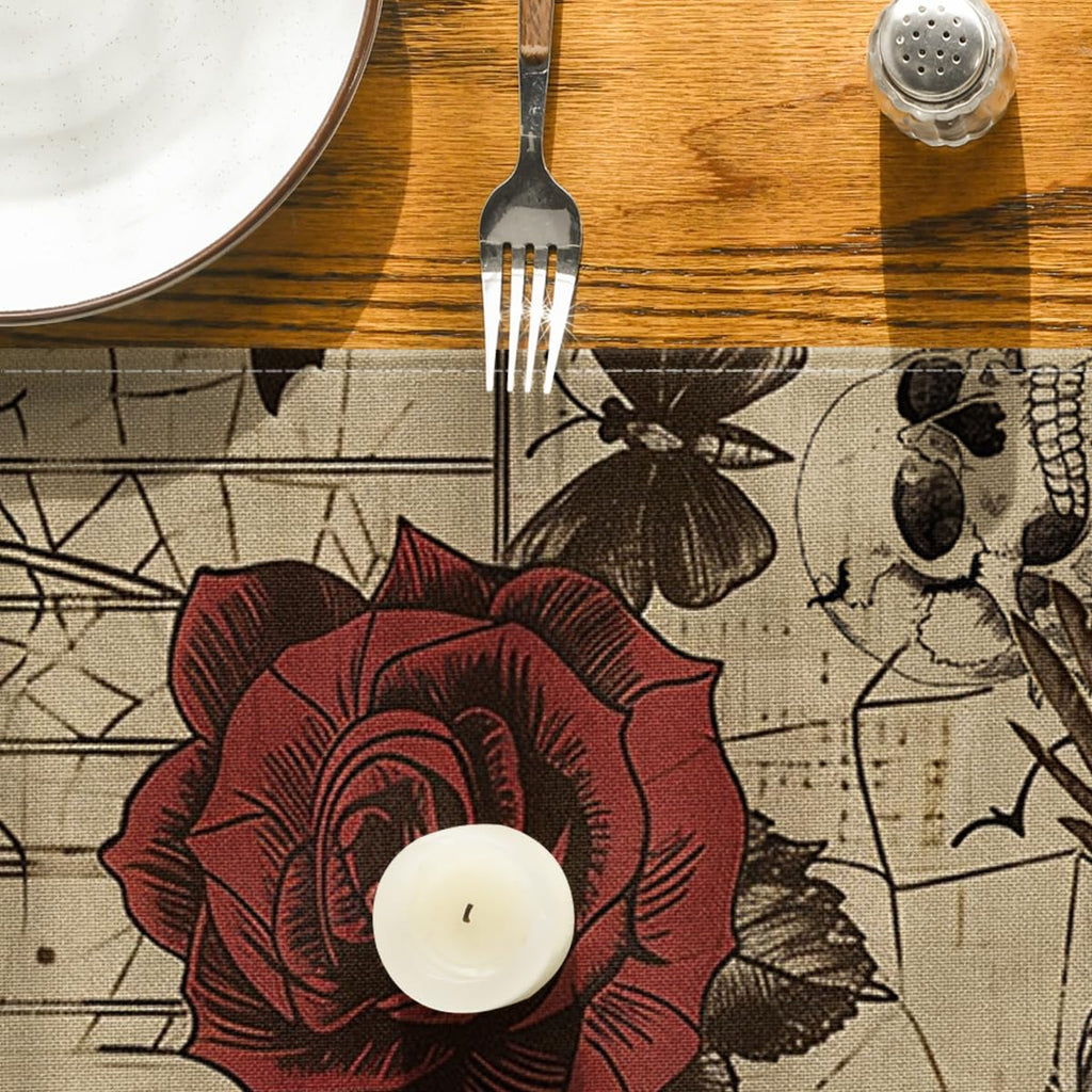 Artoid Mode Retro Gothic Skull Day of The Dead Halloween Table Runner, Roses Holiday Kitchen Dining Table Decoration for Home Party Decor 13 x 108 Inch