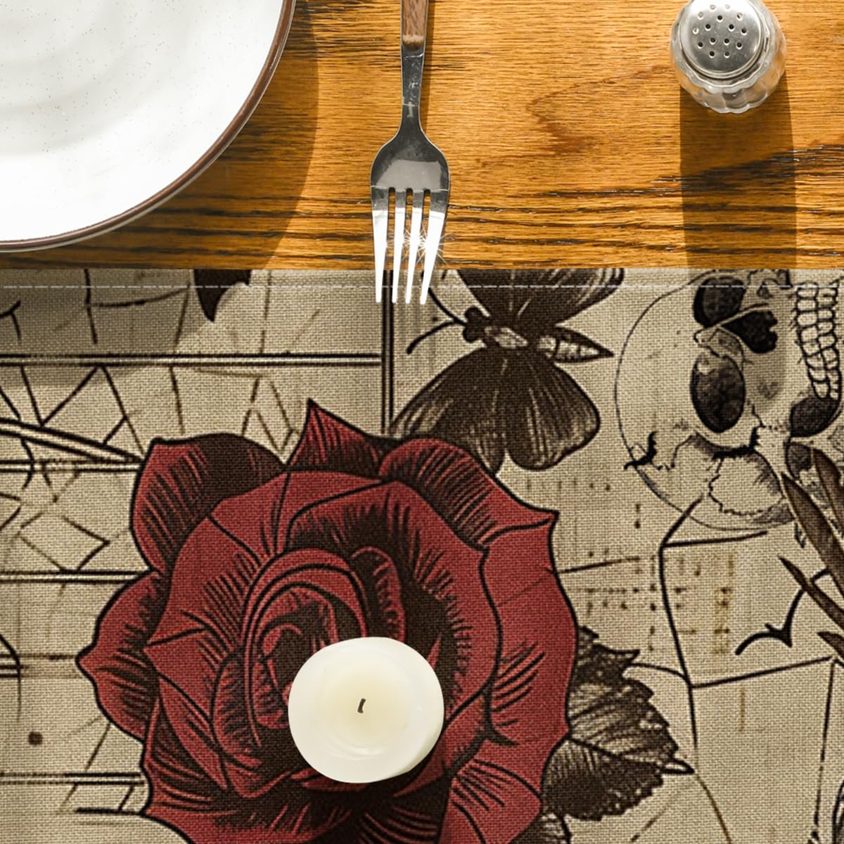 Artoid Mode Retro Gothic Skull Day of The Dead Halloween Table Runner, Roses Holiday Kitchen Dining Table Decoration for Home Party Decor 13 x 108 Inch