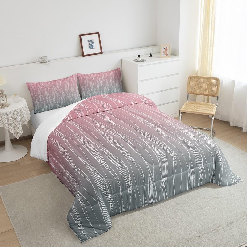 Erosebridal Pink Grey Girls Twin Comforter Set Kids Abstract Ombre Comforter Light Pink Gray Gradient Bedding Set Geometric Silver Striped Quilt Set Girly Sweet Bedroom Decor 2 Pcs