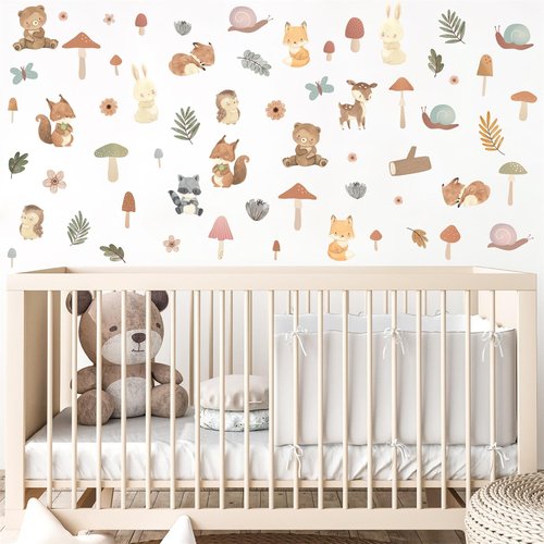 Woodland Animals Wall Stickers Small Mushroom Wall Stickers Cute Cartoon Animals Wall Decals Mushroom Forest Woodland Wall Decals for Kids Room Nursery Bedroom Playroom Decor