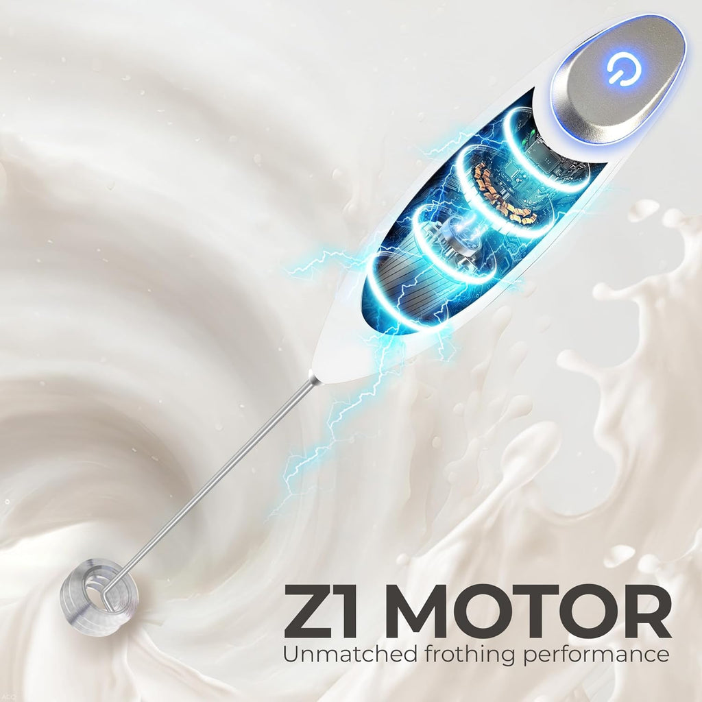 Zulay Kitchen Tornado Triple Whisk Milk Frother - Handheld Foam Maker for Coffee & Lattes | Blizzard White, 4 Batteries Included