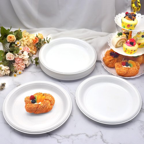 BONSINY 50 Pcs White Plastic Plates Disposable 10 inch - White Disposable Plates for Party Birthday Picnic Easter
