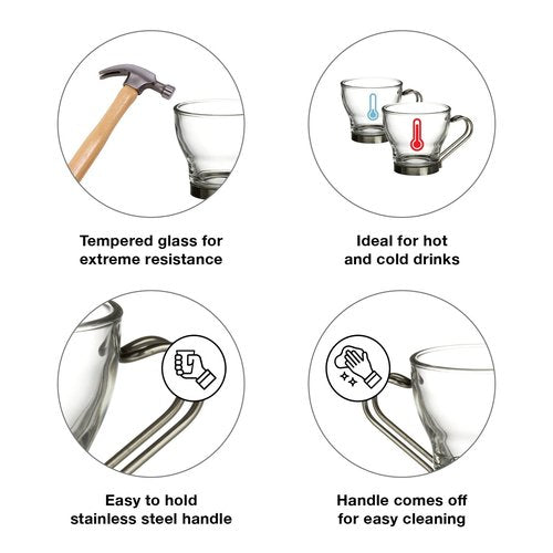 Bormioli Rocco Oslo Espresso Glass Cups 4 Set 3.75 Oz | Tempered Glass, Ergonomic Stainless Steel Handles, Dishwasher Safe, For Espresso, Coffee, Tea