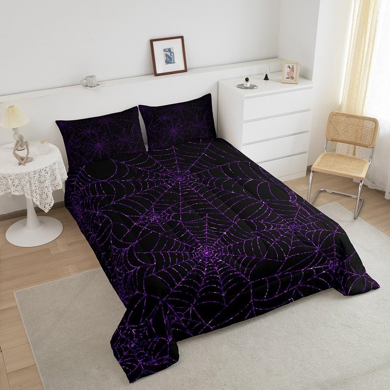 Spider Web Comforter Set Queen Size Geometric Purple Glitter Lines Bedding Set 3Pcs Halloween Quilt Set for Kids Girls Boys Women Room Decor Exotic Hippie Black Duvet Insert,2 Pillowcases