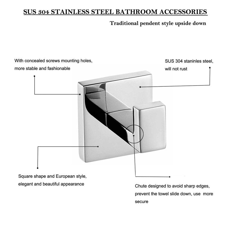 ThinkTop 5pcs Luxury 304 Stainless Steel Bathroom Single Towel Hook Robe Chrome Wall Mount Coat Hat Door Hook Hanger Mirror Polished Bathroom Accessories