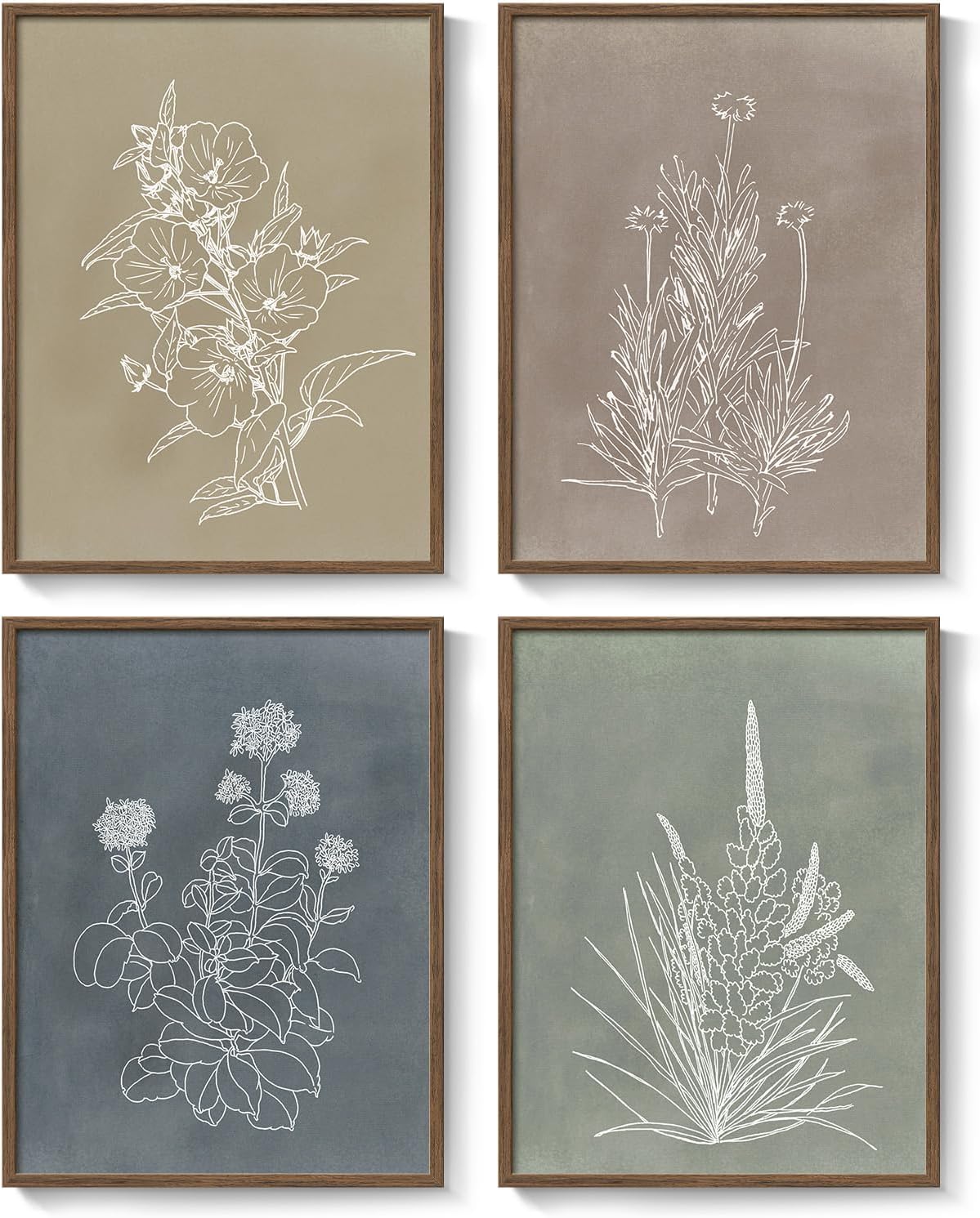 Skiennix Framed Boho Botanical Wall Art - 4 Piece Rustic Floral Canvas Set for Modern Decor