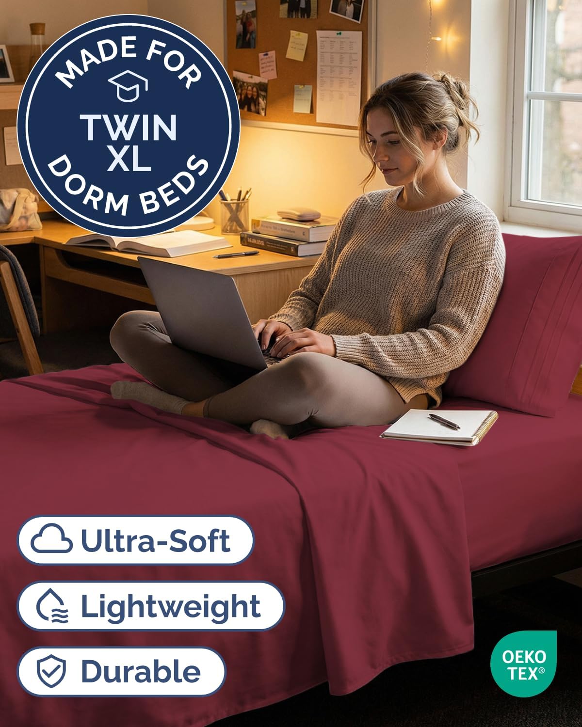 Skiennix Twin XL Sheet Set - Comfy Cooling Bed Sheets with Deep Pockets - Soft, Wrinkle-Free, Burgundy