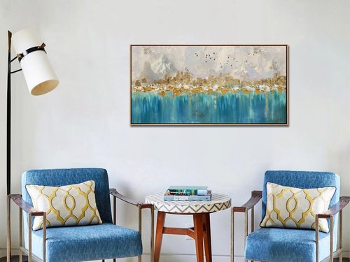 Arjun Framed Abstract Wall Art for Living Room Gold Blue Textured Canvas Art Wall Decor Bedroom Painting, Modern Picture Grey Mountain Artwork Home Office Wall Decoration, Large 40"x20"