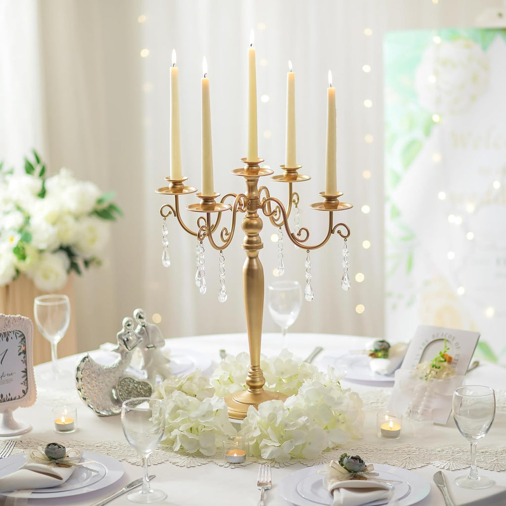 Sziqiq Gold Candelabra | 5 Arm Candle Holder - Vintage Metal Centerpiece for Weddings & Dining Tables